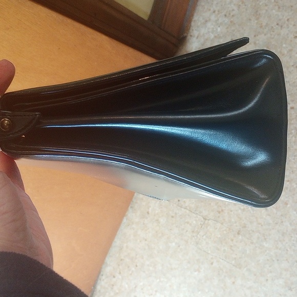 Vintage Navy Blue Leather & Vinyl Structured Handbag, Gold Hardware, Pouch, Feet - Picture 3 of 7